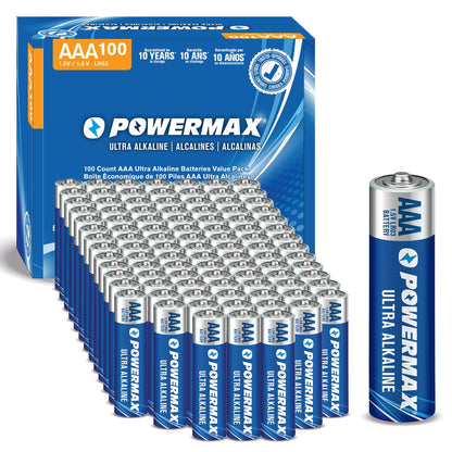 Powermax 100-Count Triple AAA Batteries, Ultra Long Lasting Alkaline Battery for Home and Office, 10-Year Shelf Life, Reclosable Packaging Powermax
