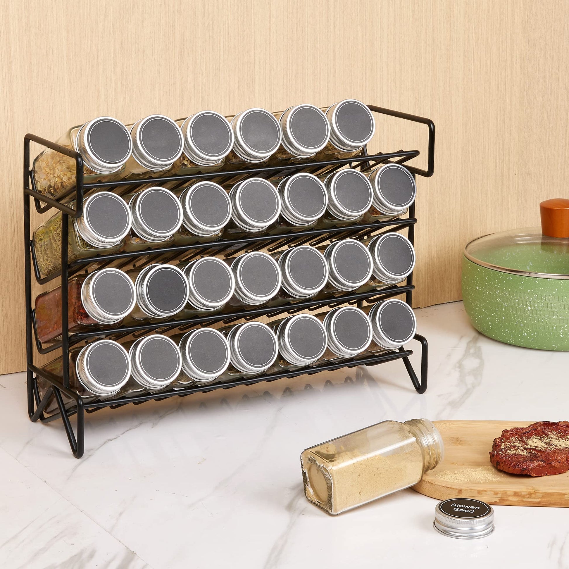 Vtopmart Spice Rack Organizer for Cabinet, 4 Tier Spice Organizer with 28 Empty Spice Jars and 432 Blank Labels, Seasoning Organization for Countertop, Cabinet, Kitchen, Pantry, Cupboard - Available at All In One Marketplace Canada