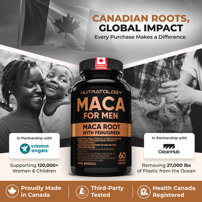 Nutratology® Maca for Men | Canadian Made | Helps Increase Stamina & Energy | Formulated with a 6:1 Extract & 33:1 Fenugreek Extract | Maca Root With Fenugreek Supplement for Men | 60 Capsules - Available at All In One Marketplace Canada