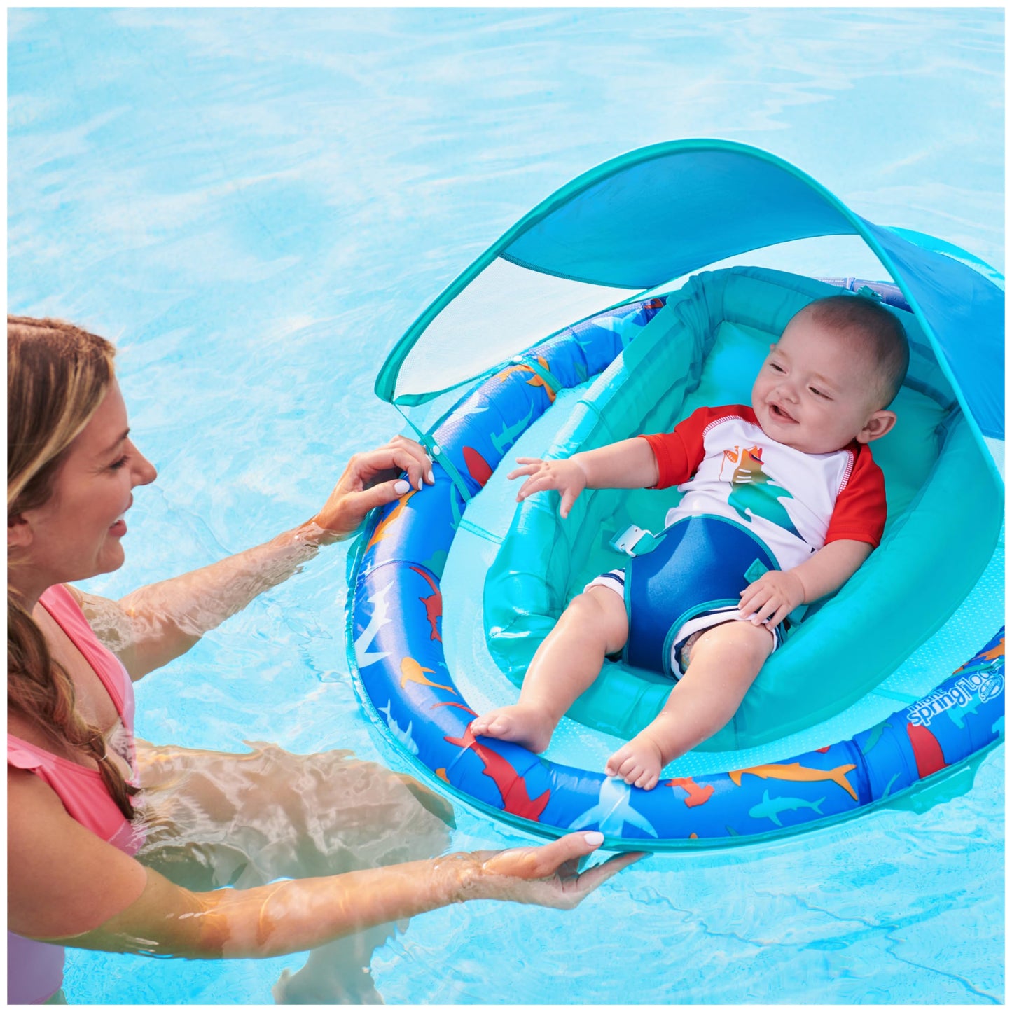 Swimways Infant Spring Float, Baby Pool Float with Canopy & UPF Protection, Swimming Pool Accessories for Kids 3-9 Months, Shark 🍁 All In One Marketplace Canada SwimWays