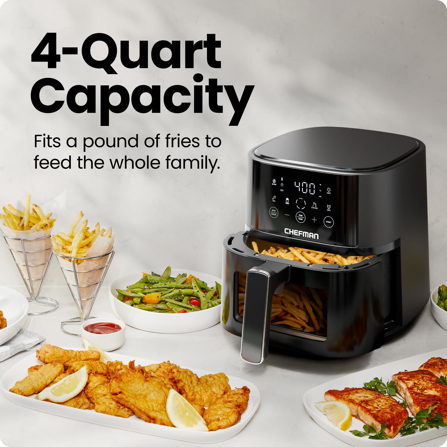 Chefman Air Fryer – 4 QT Compact Airfryer for Quick & Easy Meals, Features Hi-Fry Technology for Extra Crisp, Easy-View Window, Touch Controls with 4 Presets, Nonstick & Dishwasher Safe Basket - Black - Available at All In One Marketplace Canada