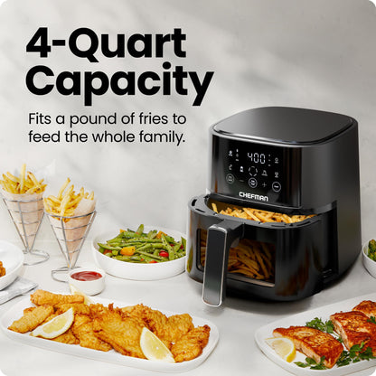 Chefman Air Fryer – 4 QT Compact Airfryer for Quick & Easy Meals, Features Hi-Fry Technology for Extra Crisp, Easy-View Window, Touch Controls with 4 Presets, Nonstick & Dishwasher Safe Basket - Black - Available at All In One Marketplace Canada