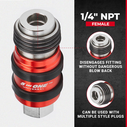 Milton Industries 1750 5 in ONE Universal Safety Exhaust Quick-Connect Industrial Coupler, 1/4" FNPT -Box of 5 , Red