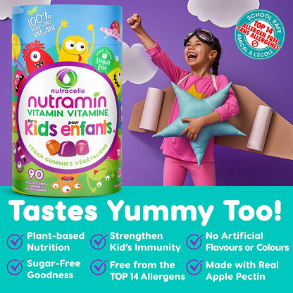 CANADIAN NUTRAMIN Children's Daily Vegan Multivitamin Gummies Vitamin C, D2 & Zinc for Immunity, Plant-Based, Sugar-Free, Nut-Free, Gluten-Free with Biotin, Vitamin A, B, B6, B12 +More 90 Ct (45 Day Supply) - Available at All In One Marketplace Canada
