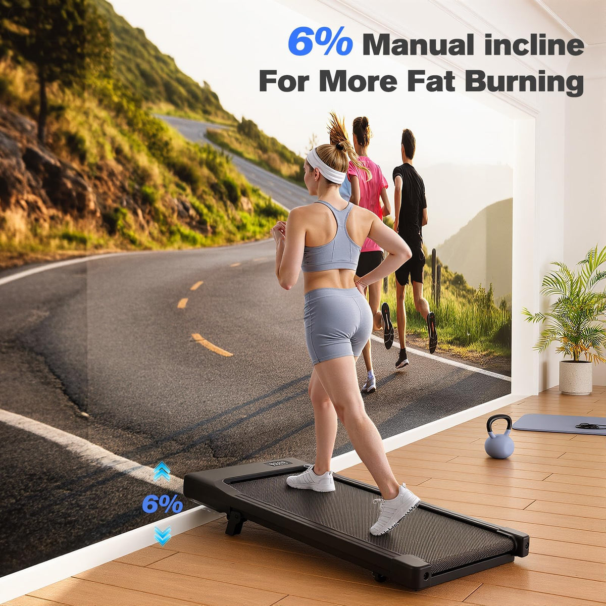 Lacuffy Walking Pad with 6% Incline, No-Assembly Under Desk Treadmill, 2.5 HP Quiet Motor, APP & Remote Control, LED Display, 305 lbs Capacity for Home/Office