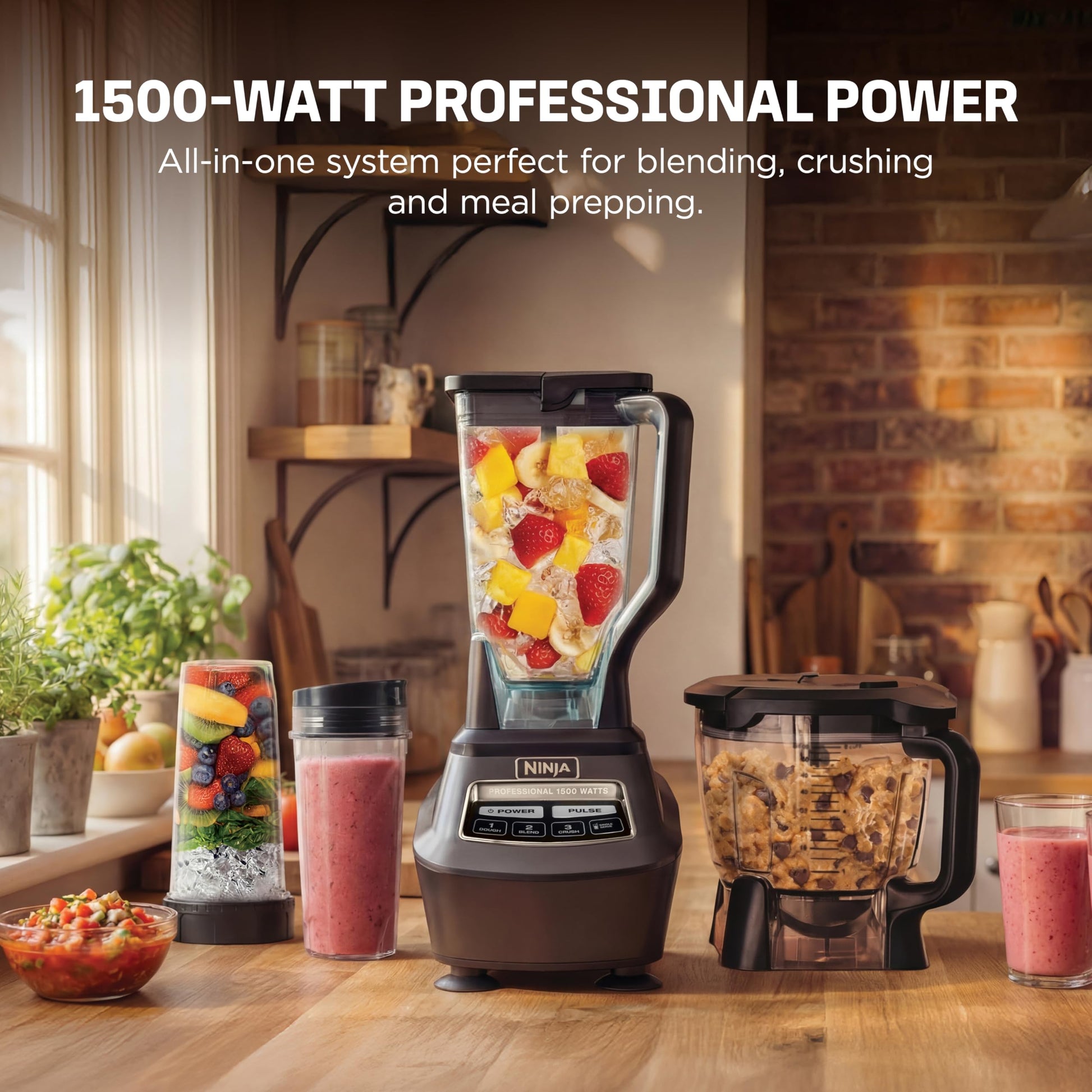 Ninja Kitchen System | All-in-One Food Processor & Blender for Smoothies | Includes Pitcher, (2) 16 oz. to-Go Cups & 8-Cup Bowl | Makes Salsa, Dough, Shakes, & Frozen Drinks | 1500W | Black | BL770 - Available at All In One Marketplace Canada