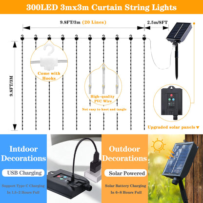 Solar Curtain Lights Outdoor, 300 LED Garden Fairy String Lights 🍁 All In One Marketplace Canada