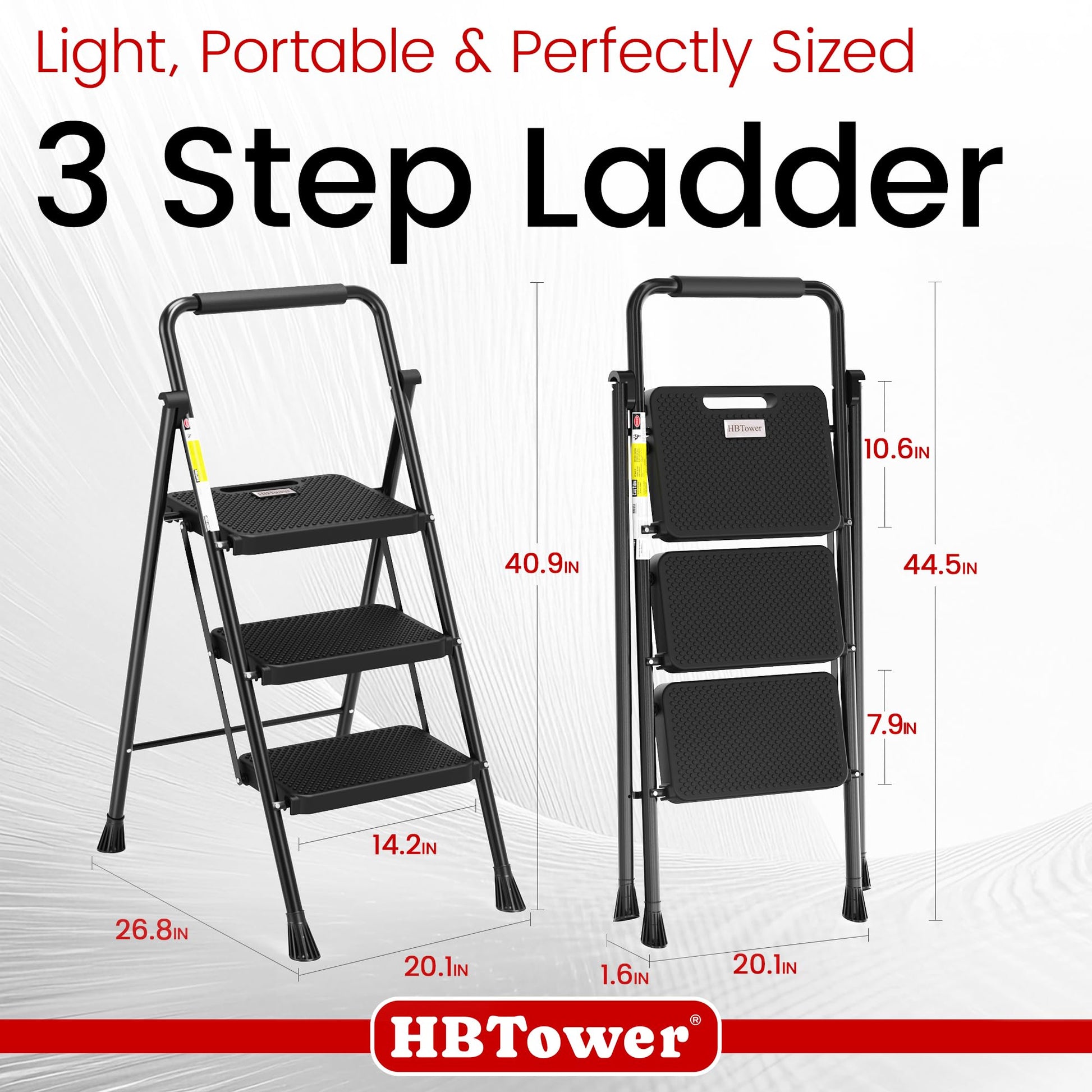 HBTower 3 Step Ladder, Folding Step Stool with Wide Anti-Slip Pedal, 500lbs Sturdy Steel Ladder, Convenient Handgrip, Lightweight, Portable Steel Step Stool, Black - Available at All In One Marketplace Canada