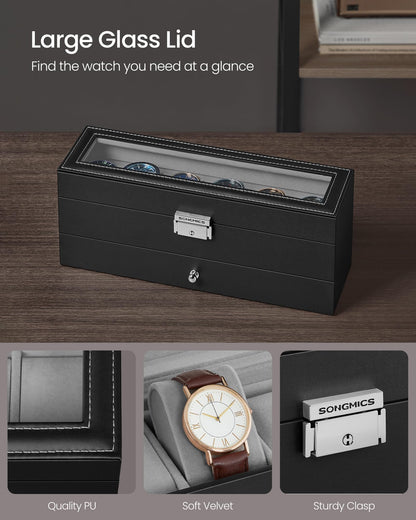 SONGMICS Watch Box, 6-Slot Watch Case Organizer with Large Glass Lid, 2 Layers, Removable Pillows, Metal Lock, Gift for Loved Ones, Black Synthetic Leather, Christmas Gift, Gray Lining UJWB060G01 🍁 All In One Marketplace Canada