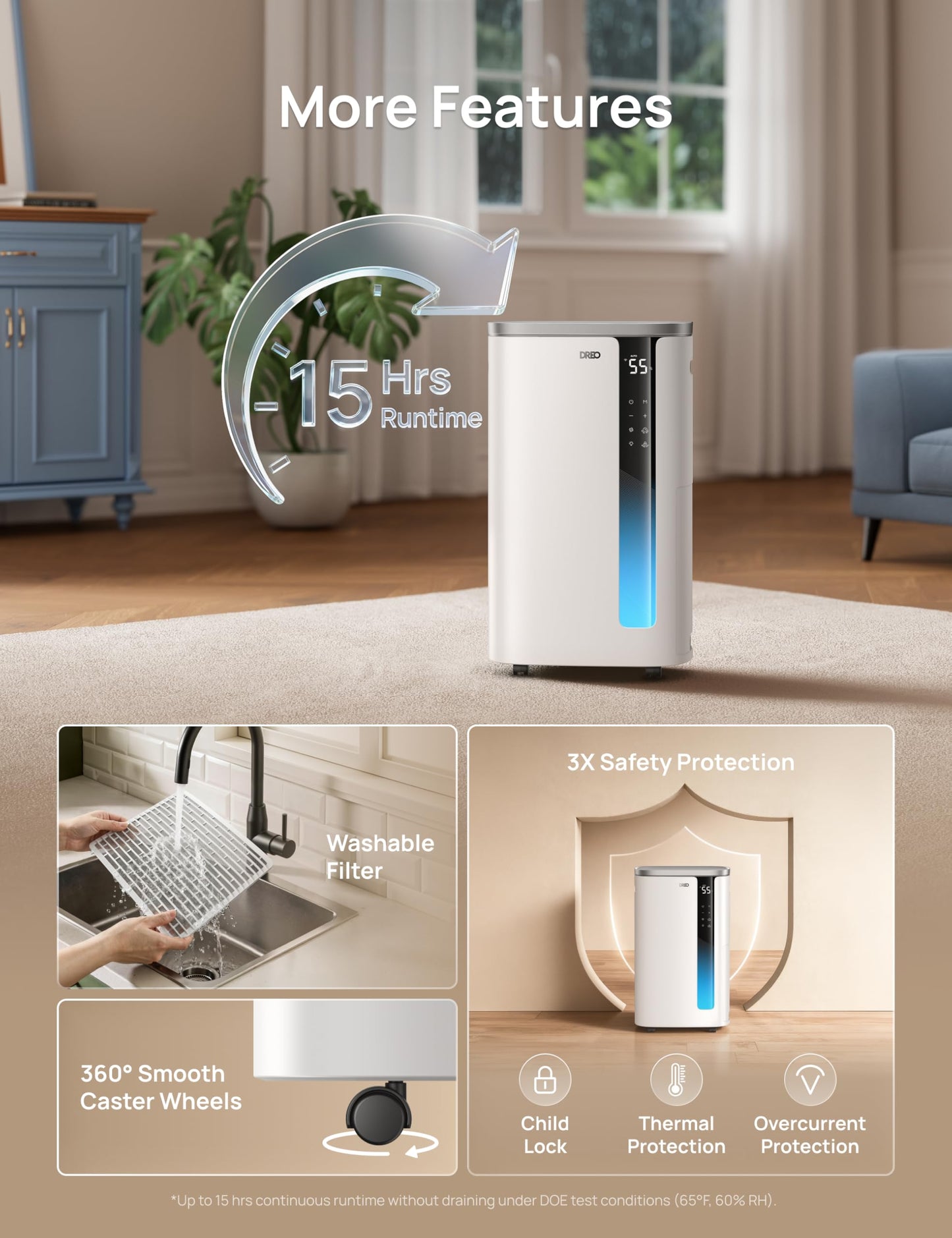 DREO 73 Pint Smart Dehumidifiers for Basements, Energy Star 6.0 Dehumidifier, Quiet 41dB, Auto Humidity Control, 3 Fan Speeds, 24H Timer, with Drain Hose, for Home up to 2000 Sq Ft, Bathroom & Bedroom DREO