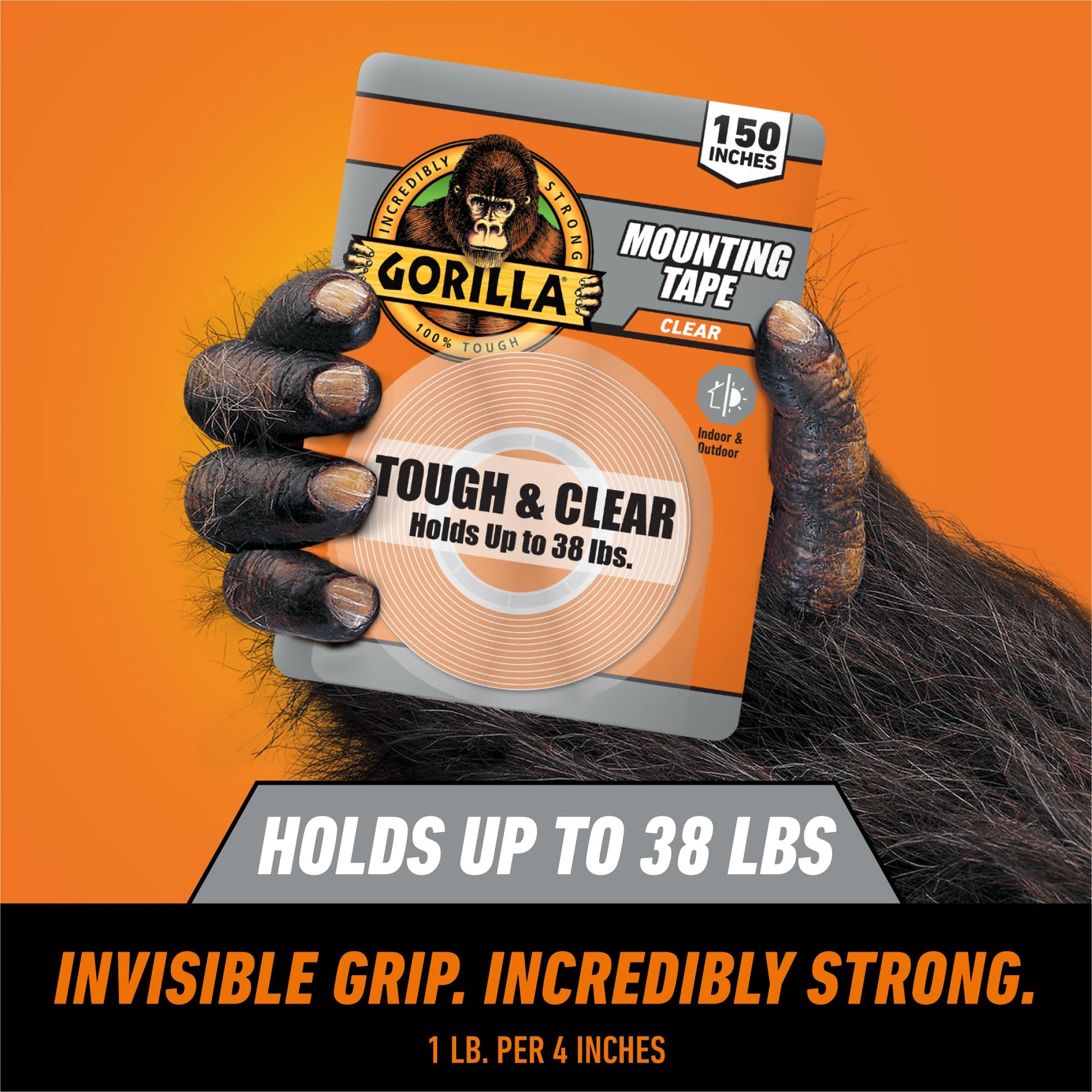 Gorilla Tough & Clear Double Sided XL Mounting Tape, Incredibly Strong Adhesive, Instant Hold, Weatherproof, 1 in x 150 in, (Pack of 1)