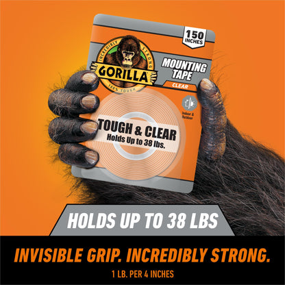 Gorilla Tough & Clear Double Sided XL Mounting Tape, Incredibly Strong Adhesive, Instant Hold, Weatherproof, 1 in x 150 in, (Pack of 1)