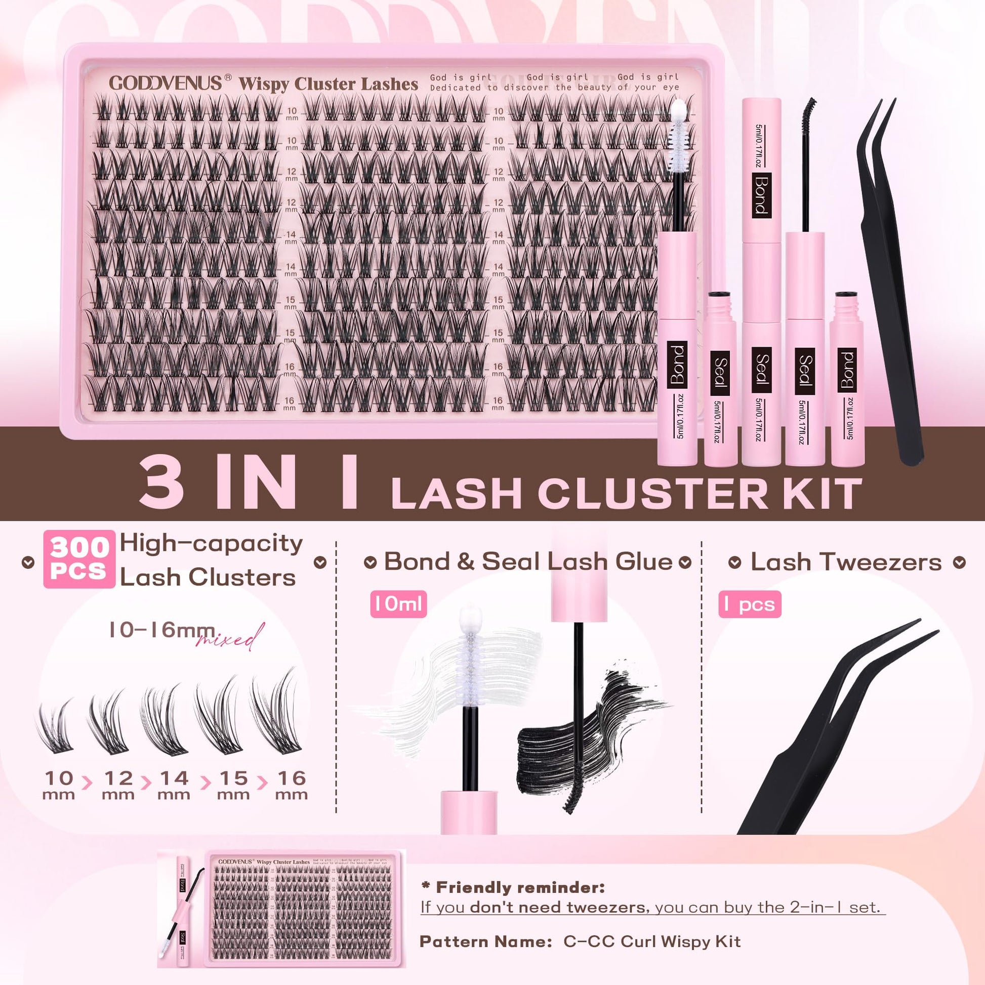 Goddvenus Cluster Lashes Kit Wispy Natural 300pcs Eyelashes Clusters 10-16mm DIY Eyelash Extensions Kit C Curl Individual Lashes for DIY Lash Extension