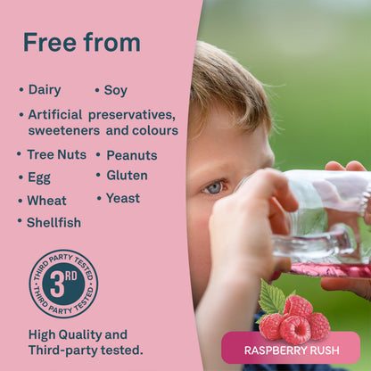 Organika Kids Electrolytes Powder Sticks - Sugar-Free Hydration + Immune support with 100% of daily Vitamin C, Minerals and Prebiotic Fibre | Raspberry Rush Flavour - 3.5g x 20 sachets - Available at All In One Marketplace Canada