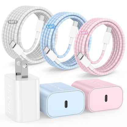 Hzevn for iPhone 16 Chargers Fast Charging,3 Pack 20W USB C Charger Block with 6.6/6.6/10ft Long USB C to USB C Cable for iPhone 17/16/15 Pro Max/15 Pro/15 Plus