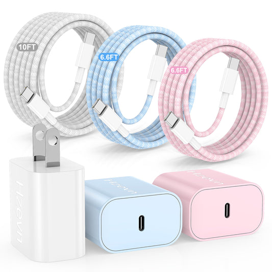 Hzevn for iPhone 16 Chargers Fast Charging,3 Pack 20W USB C Charger Block with 6.6/6.6/10ft Long USB C to USB C Cable for iPhone 17/16/15 Pro Max/15 Pro/15 Plus