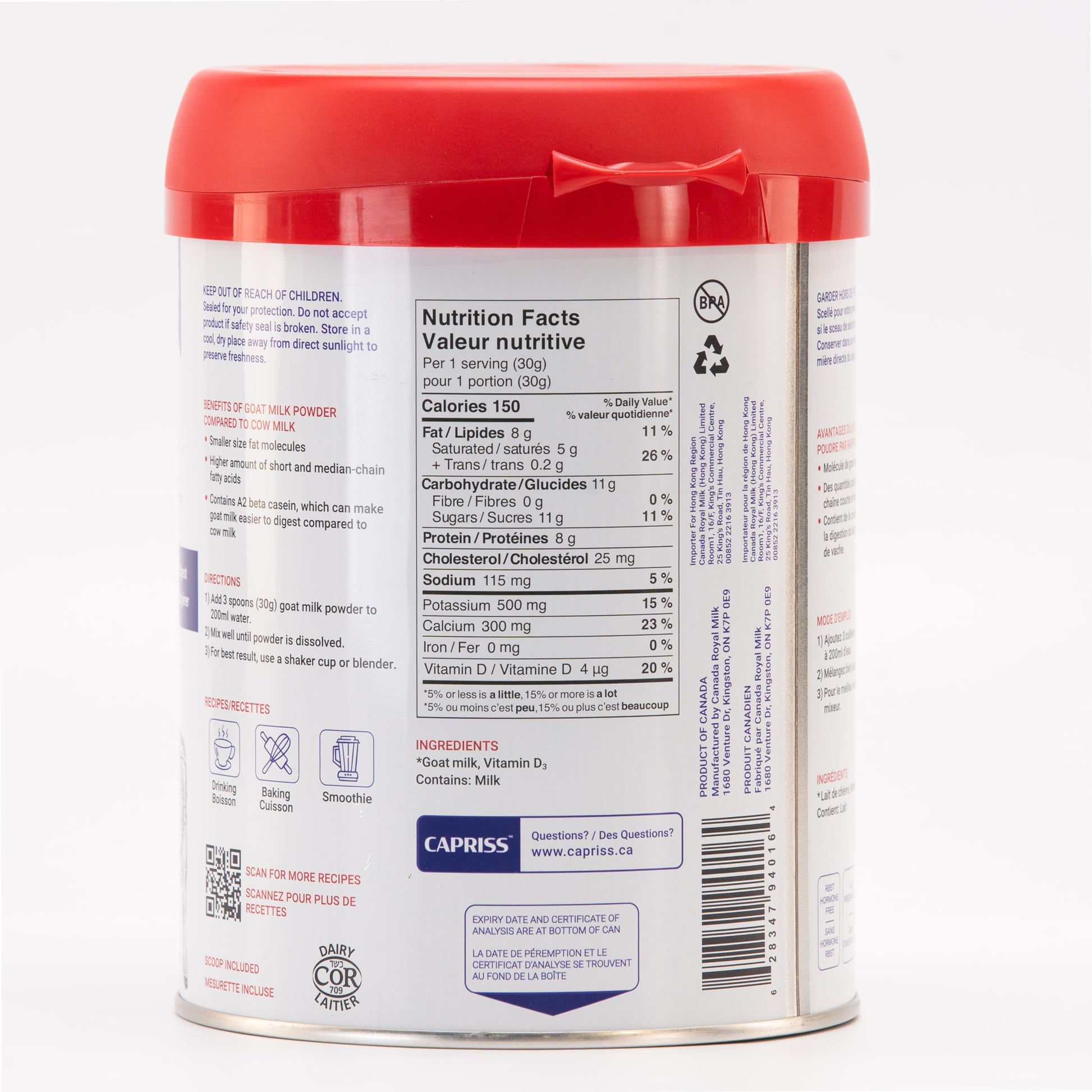 CAPRISS Whole Goat Milk Powder 640g – Vitamin D3 Enriched, 100% Canadian, Antibiotic-Free, Gentle Digestion