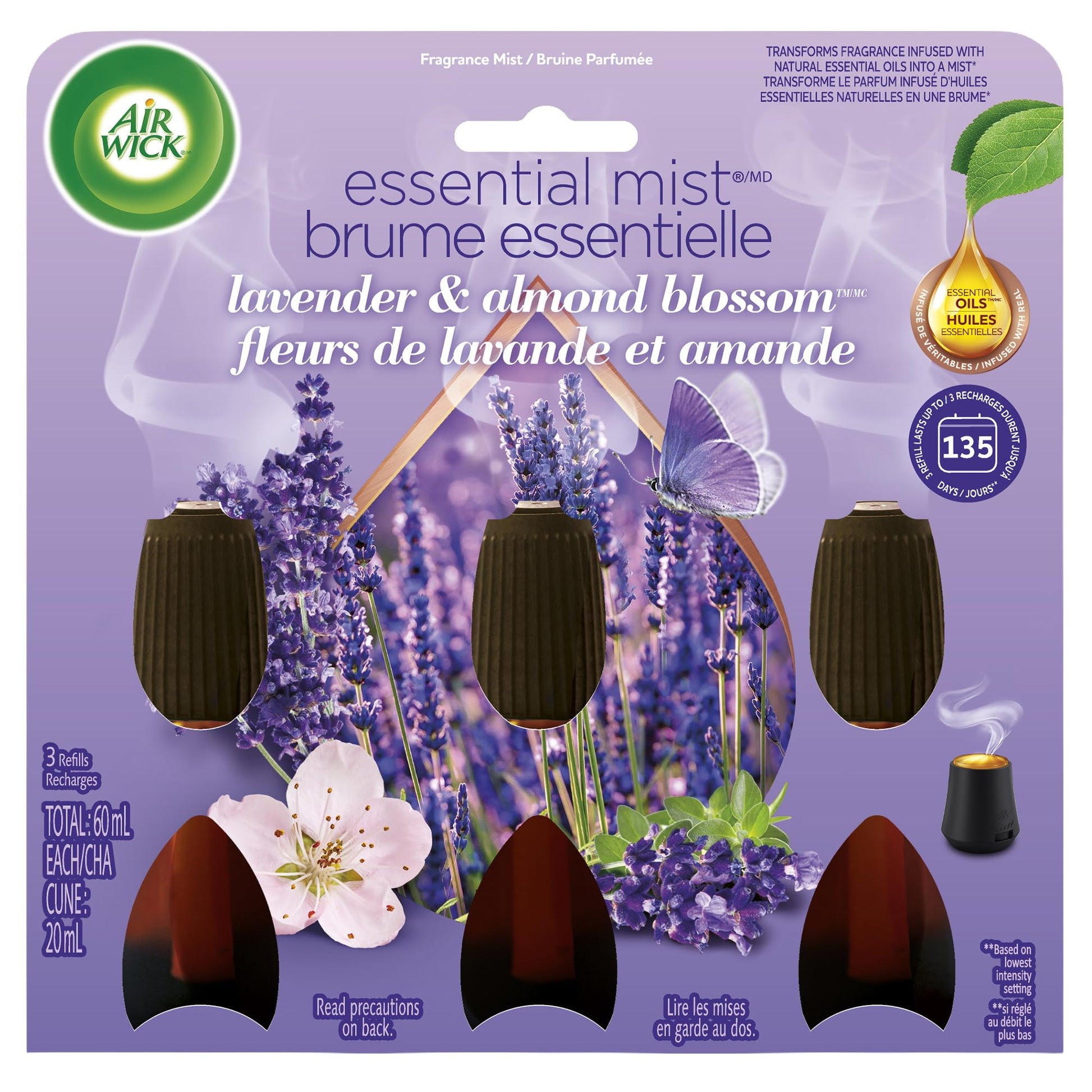 Air Wick Essential Mist Refill – Air Freshener Infused with Essential Oils, Easy Change Refill for Cordless Diffuser – 3 Count – Lavender & Almond Blossom Scent - Available at All In One Marketplace Canada
