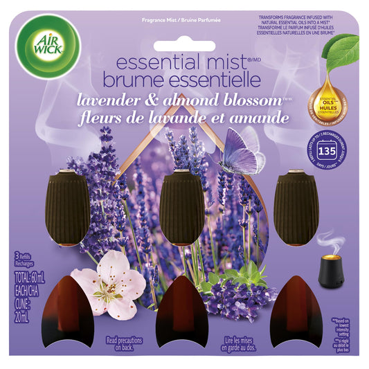 Air Wick Essential Mist Refill – Air Freshener Infused with Essential Oils, Easy Change Refill for Cordless Diffuser – 3 Count – Lavender & Almond Blossom Scent - Available at All In One Marketplace Canada