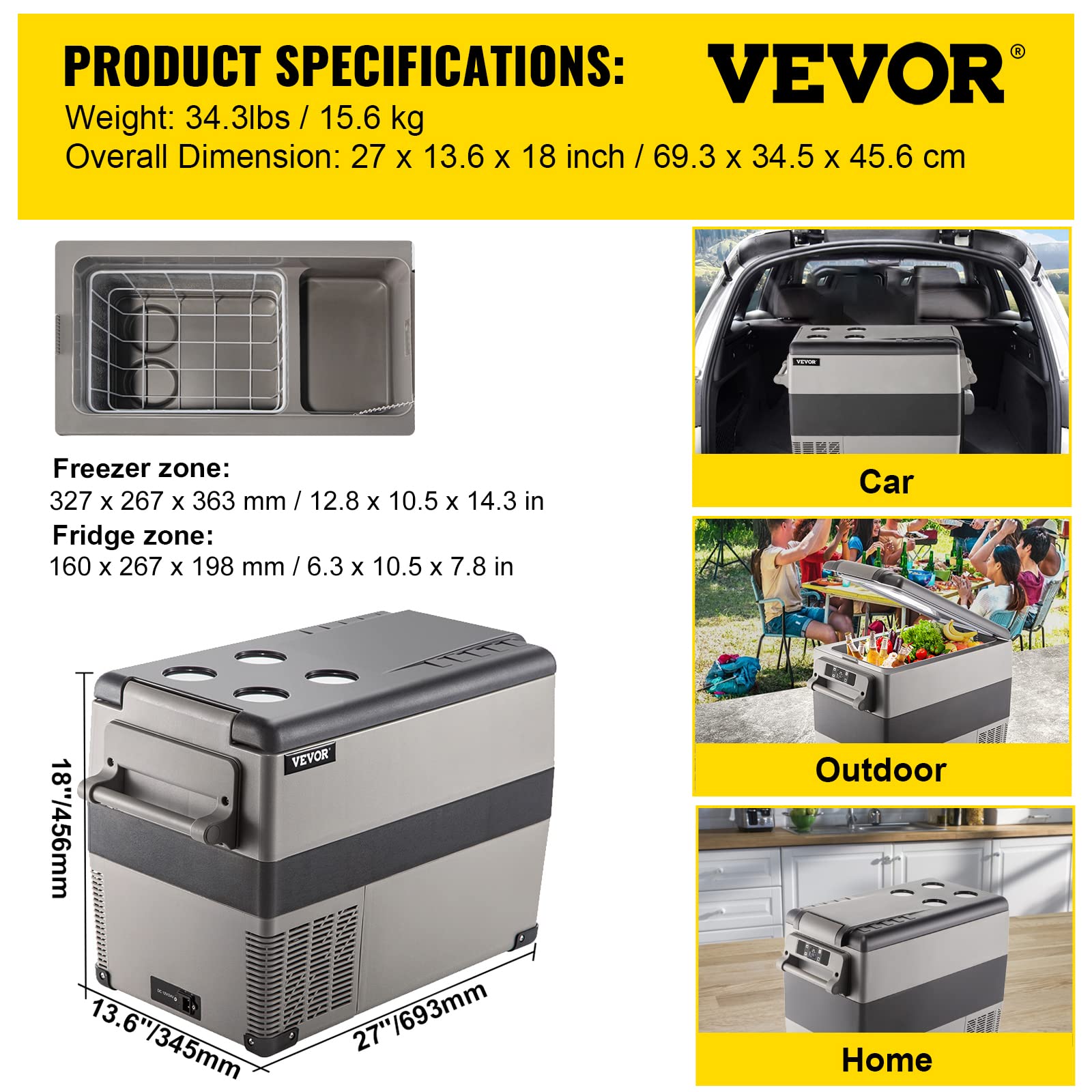 VEVOR 45L Portable Car Refrigerator 48 Quart LG Compact RV Fridge 12/24V DC & 110-240V AC Vehicle Car Truck Boat Mini Electric Freezer for Driving Travel Fishing Outdoor and Home Use -4°F-68°F, Grey VEVOR