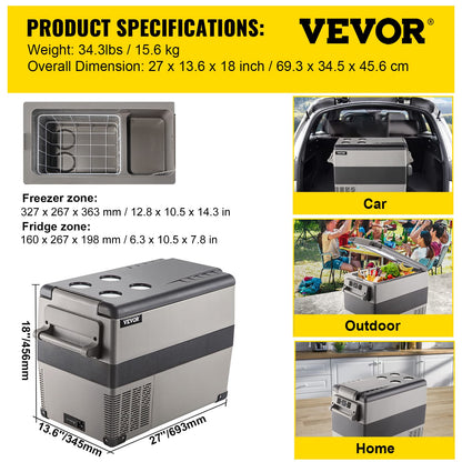 VEVOR 45L Portable Car Refrigerator 48 Quart LG Compact RV Fridge 12/24V DC & 110-240V AC Vehicle Car Truck Boat Mini Electric Freezer for Driving Travel Fishing Outdoor and Home Use -4°F-68°F, Grey VEVOR