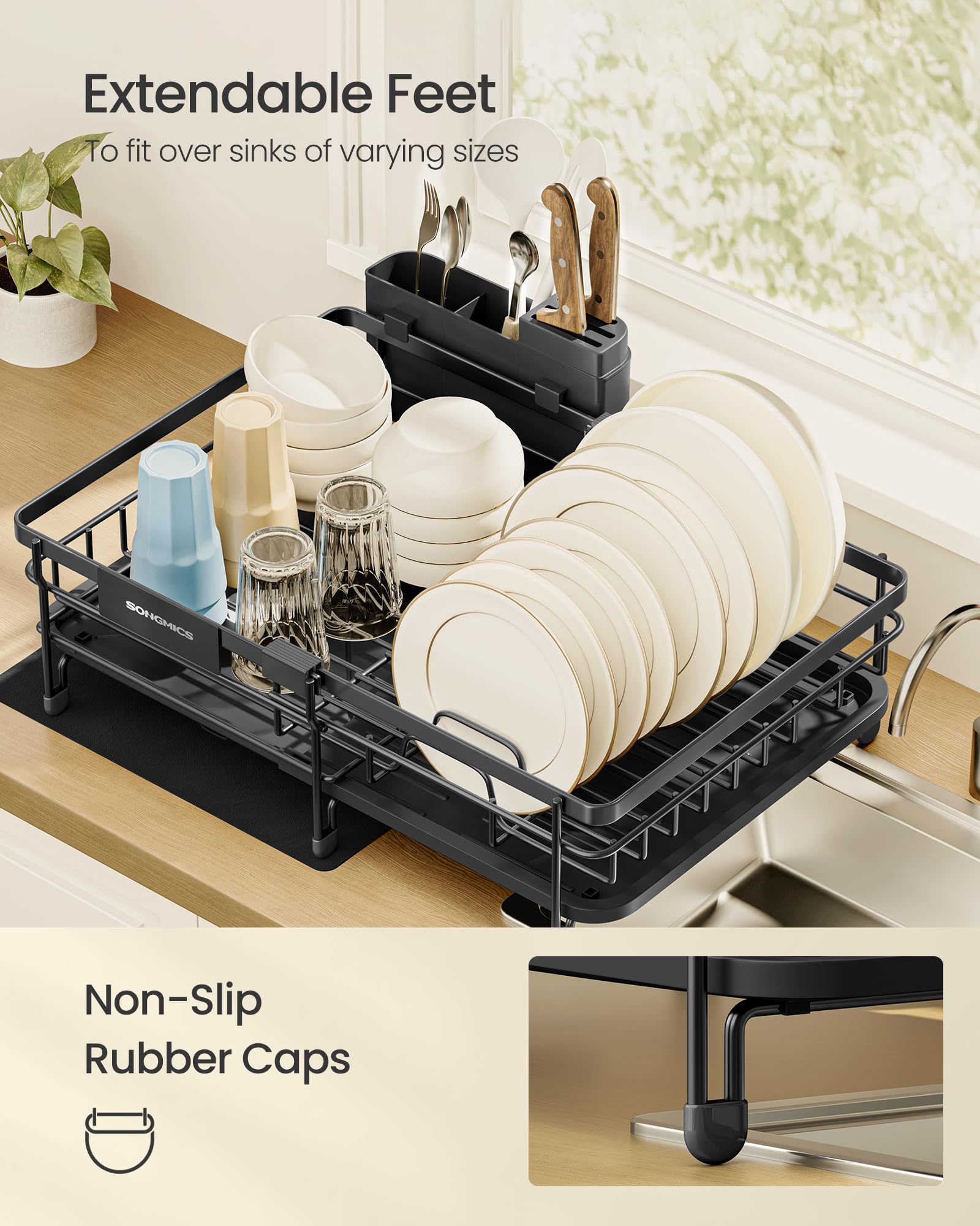 SONGMICS Dish Drainer Rack, Large Extendable Draining Board Rack for Small Spaces, 360° Rotating Extendable Spout, Kitchen Sink Drainer, Steel, 46.5 x 29.6 x 14 cm, Ink Black KCS556BH01 SONGMICS