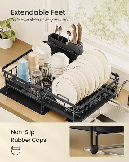 SONGMICS Dish Drainer Rack, Large Extendable Draining Board Rack for Small Spaces, 360° Rotating Extendable Spout, Kitchen Sink Drainer, Steel, 46.5 x 29.6 x 14 cm, Ink Black KCS556BH01 SONGMICS