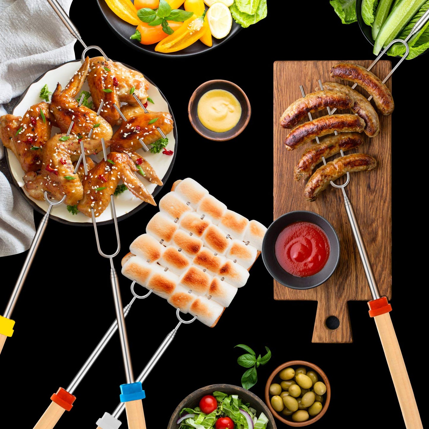 Marshmallow Roasting Sticks, Telescoping Smores Sticks for Open Fire Pit, 32 Inch Long Marshmallow Toasting Barbecue Forks Smores Skewers for Campfire Camping Hotdog Hot Dog Bonfire Grill, 5 Pack