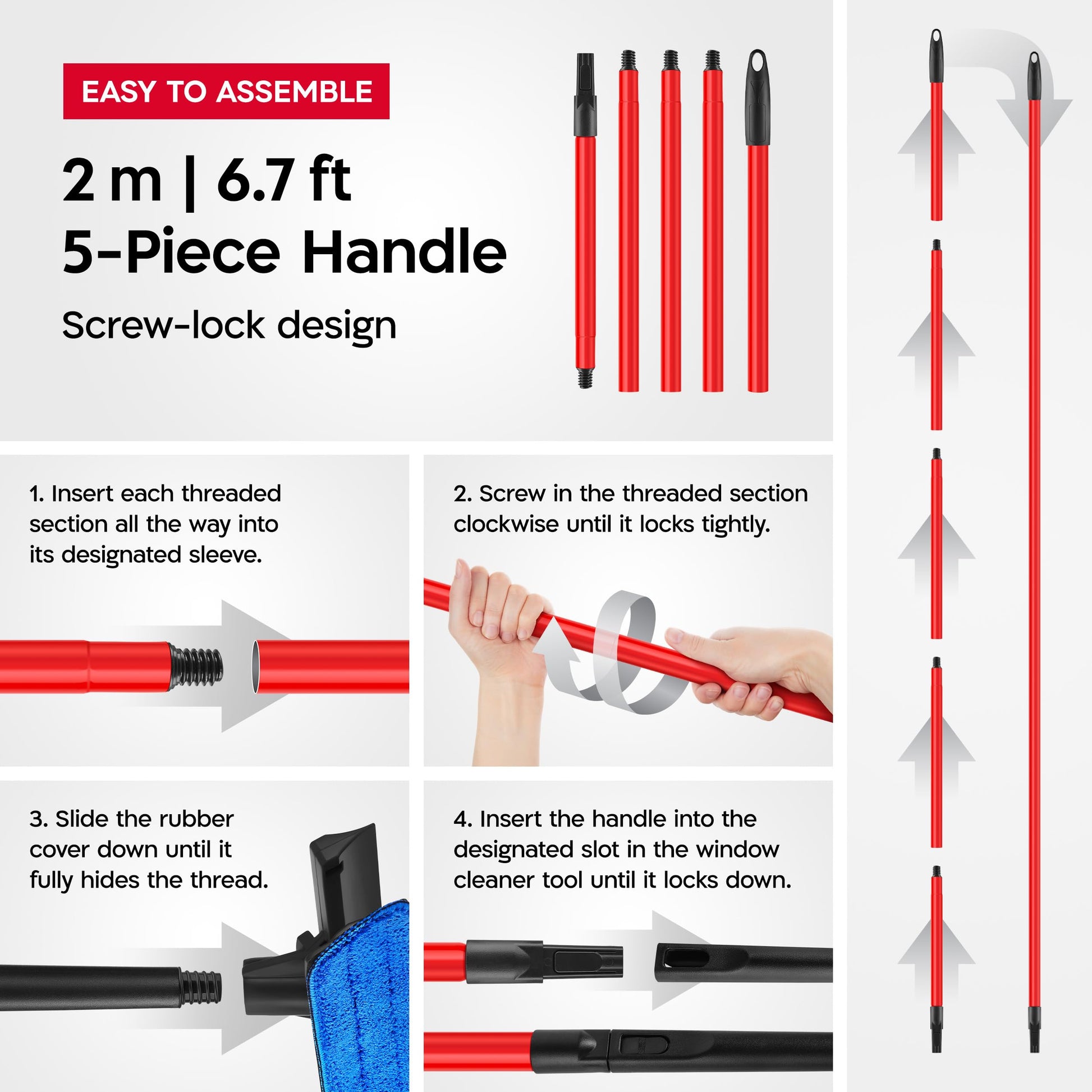 Tyroler 2-in-1 High Window Cleaning Tool | Window Squeegee Extendable with 30-205CM 5 Part Handle | Perfect Window Cleaning & Washing Kit (Black - Rubber) - Available at All In One Marketplace Canada