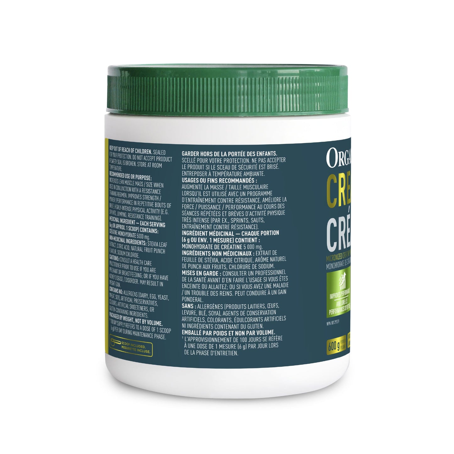 Organika Canadian-Made Creatine Powder- Fruit Punch- Pure Micronized Creatine Monohydrate - Helps Build Lean Muscle, Increase Strength, and Improved Recovery and Performance for Men and Women - 600g
