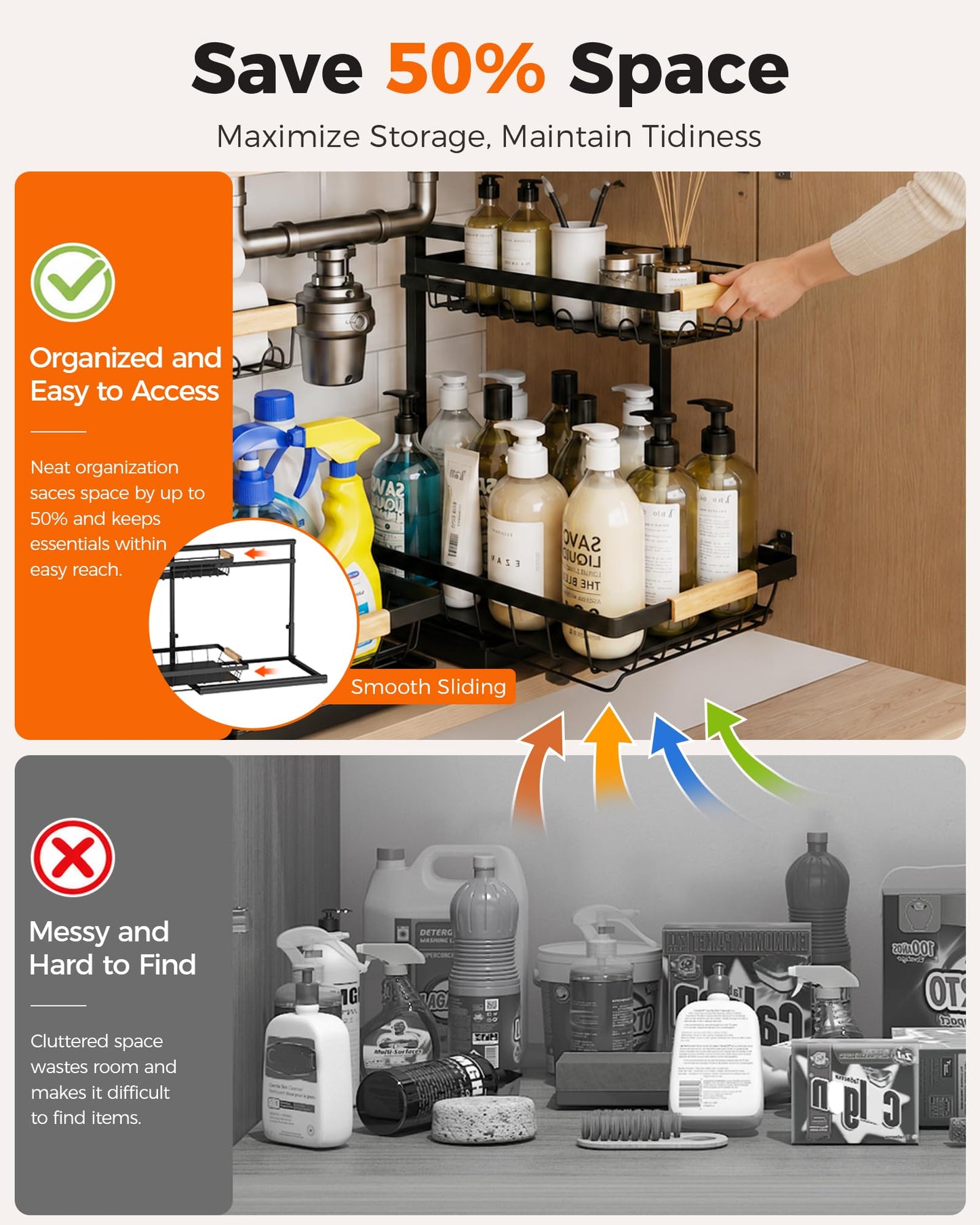 Sevenblue 2 Pack Under Sink Organizer, Height Adjustable 2 Tier Under Sink Organizer Kitchen, Multi-Purpose Storage Shelf for Kitchen Bathroom Cabinet (Black, Large) - Available at All In One Marketplace Canada