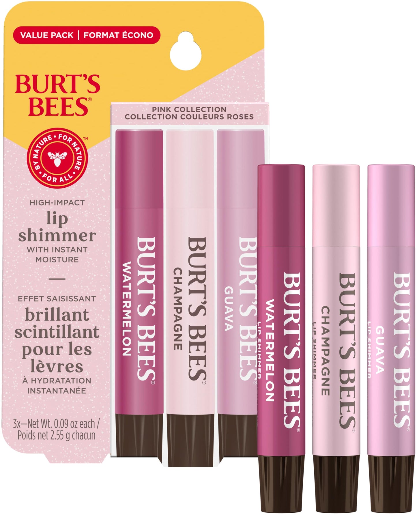 Burt's Bees Lip Shimmer, 100% Natural Origin Lip Gloss, Tinted Lip Colour | Get Soft and Hydrated Lips | Pack of 3 - (Pink) Champagne, Watermelon, Guava Burt's Bees