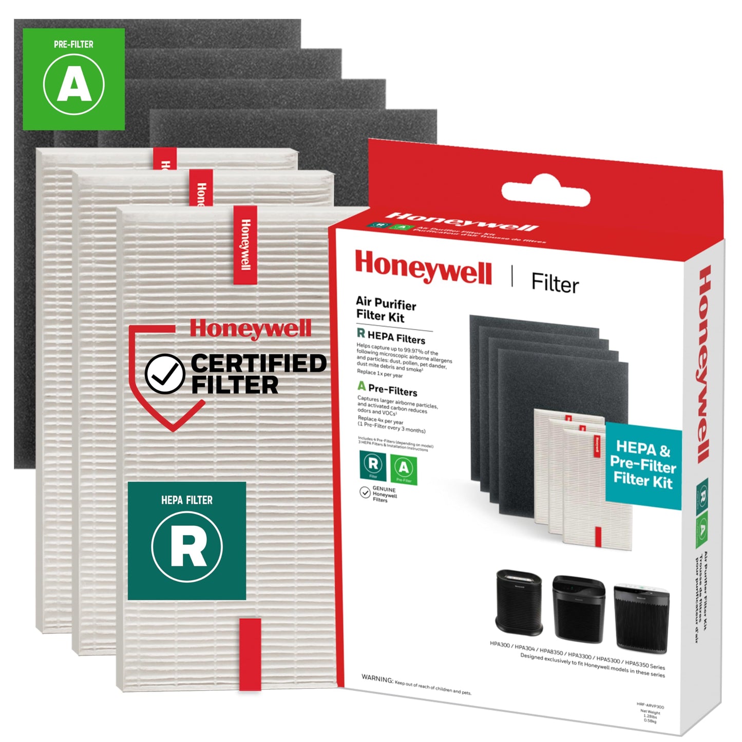 Honeywell HEPA Air Purifier Filter Kit Includes 3 HEPA R Replacement Filters and 4 A Carbon Pre-Cut Pre-Filters Airborne Allergen Air Filter Targets Wildfire/Smoke, Pollen, Pet Dander, and Dust Honeywell