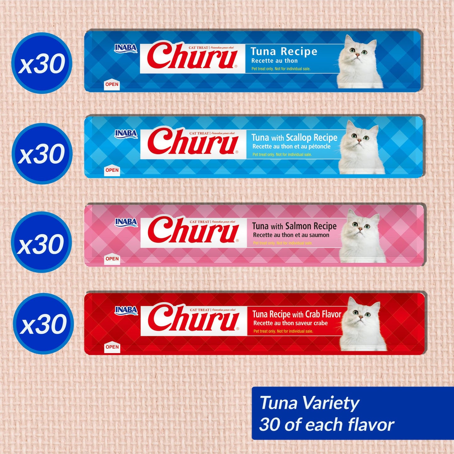 INABA Churu Cat Treats, Lickable, Squeezable Creamy Purée with Vitamin E, 14 Grams per Tube, 120 Tubes Total, Tuna Variety