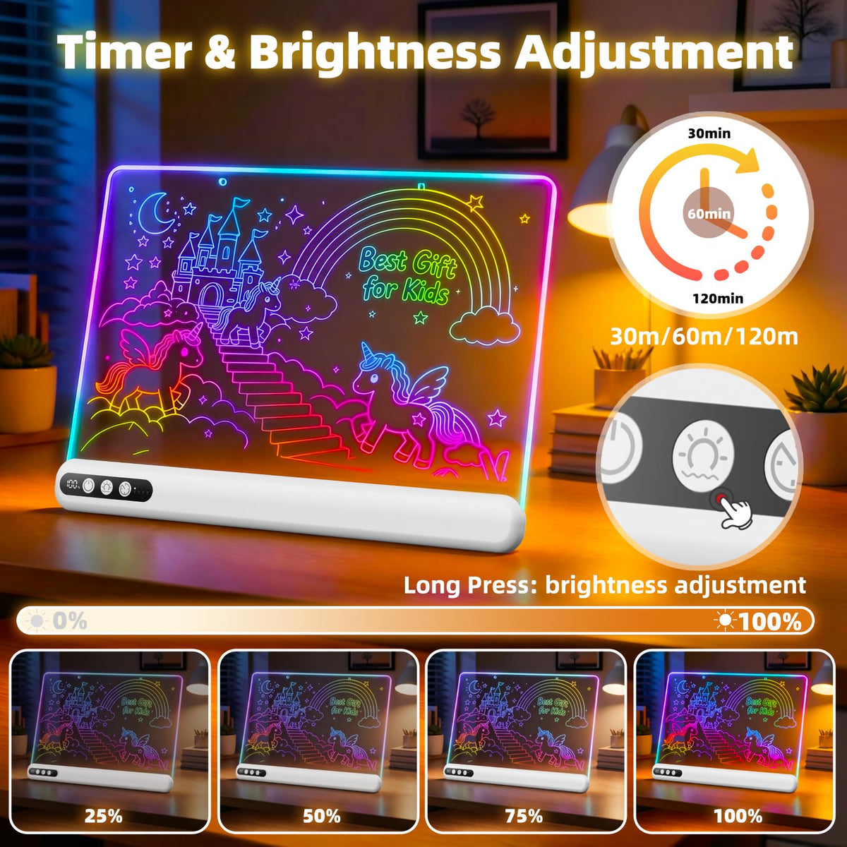 16'' LED Drawing Board for Kids, Rechargeable Led Note Board with 7 Colors, Light Up Drawing Tablet 7 Dynastic Modes Includes Adapter, Christmas Birthday Halloween Gifts for Girls & Boys Age 3+ White 🍁 All In One Marketplace Canada