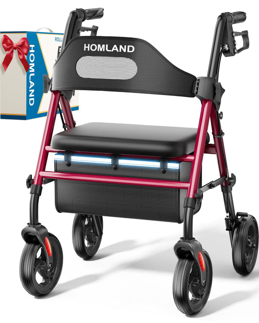 HOMLAND Foldable Rollator Walkers with Seat for Seniors, 8'' Big Wheels, 350 lb. Weight Capacity, Adjustable Handles and Seat Height, Lightweight Rolling Walker, Red - Available at All In One Marketplace Canada