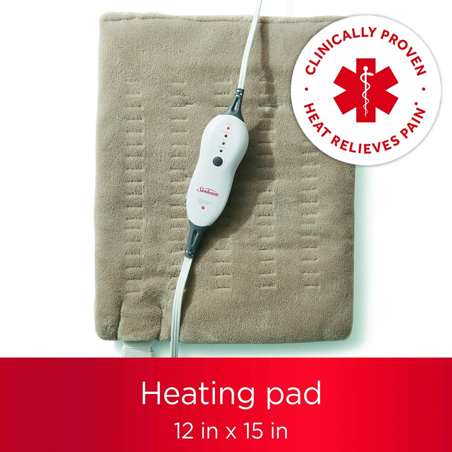 Sunbeam Premium Standard Size Heating Pad with Compact Storage - Moist Electric Heating Pad for Targeted Pain Relief of Back, Neck and Shoulders, 4 Heat Settings, 2 Hour Auto-Off, 12 x 15 inch, Beige - Available at All In One Marketplace Canada
