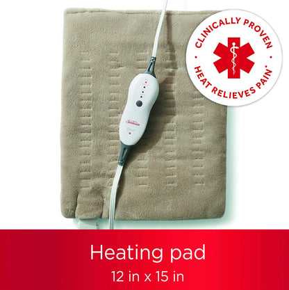 Sunbeam Premium Standard Size Heating Pad with Compact Storage - Moist Electric Heating Pad for Targeted Pain Relief of Back, Neck and Shoulders, 4 Heat Settings, 2 Hour Auto-Off, 12 x 15 inch, Beige - Available at All In One Marketplace Canada