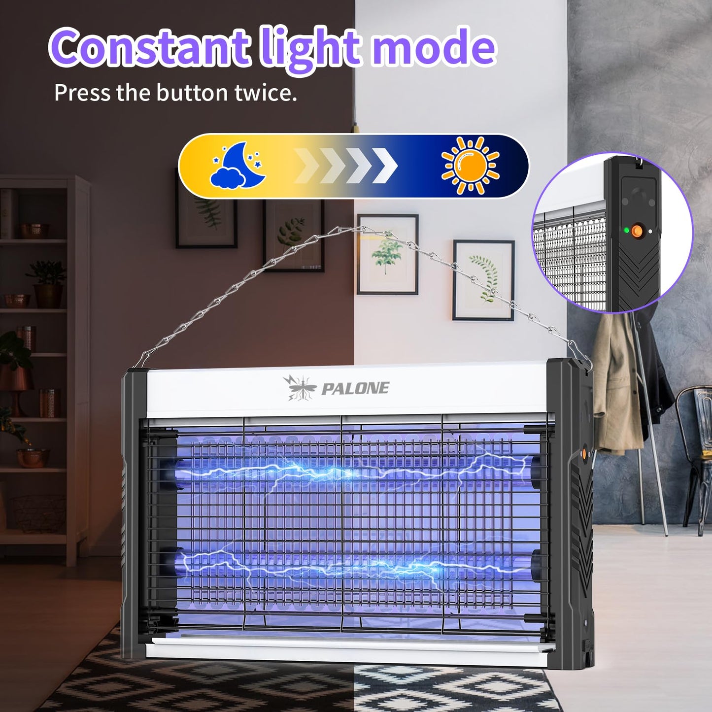 PALONE Solar Bug Zapper, 4000V Electric Bug Zapper with 8W Solar Panel, Rechargeable Bug Zapper with LED Light, Fly Zapper with Fireproof Waterproof, Indoor Outdoor Zapper for Kitchen,Camping,Patio