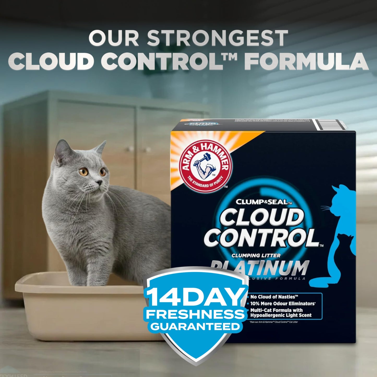 ARM & HAMMER Platinum Cat Litter Cloud Control, Extra Strength with 14 Days of Odour Control, Multi-Cat Clumping Cat Litter with Hypoallergenic Light Scent, Value Size 16.78kg (Pack of 1)