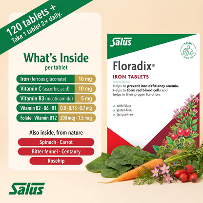 Salus Floradix Iron and Vitamins Tablets | Herbal Iron Supplement for Women, Men, and Children | Vegetarian, Gluten-Free, Yeast-Free & Non-GMO (120 Tablets)