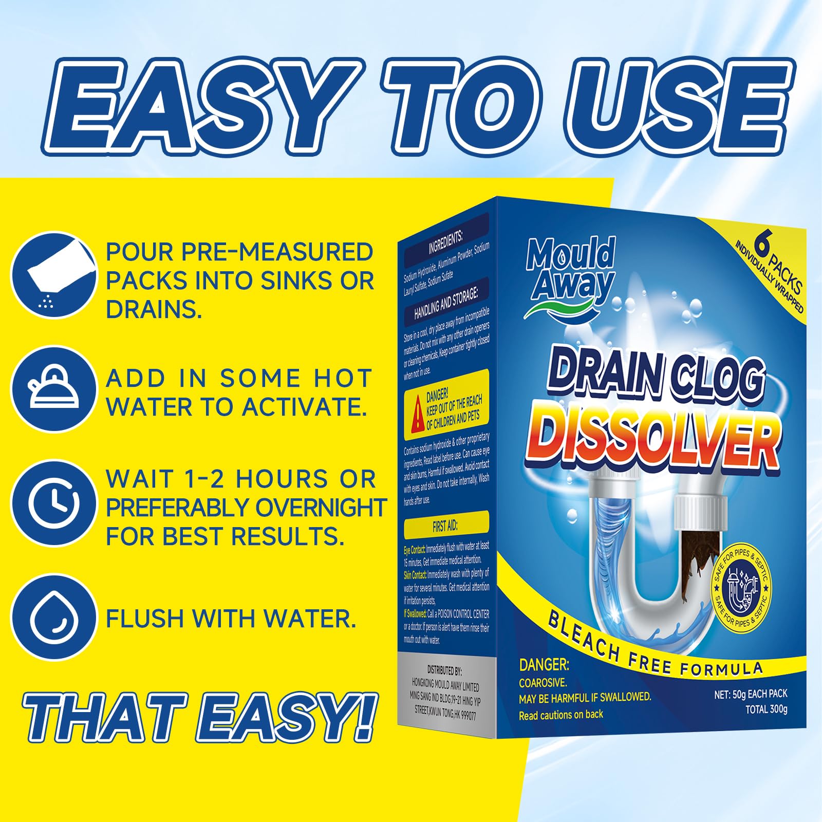 Drain Clog Remover, 6 Pre-Measured Packs Drain Openers, Bleach-Free Drains Cleaner & Deodorizer for Hair, Grease, Soap Scum, Paper, Sink & Shower Unclogger - Available at All In One Marketplace Canada