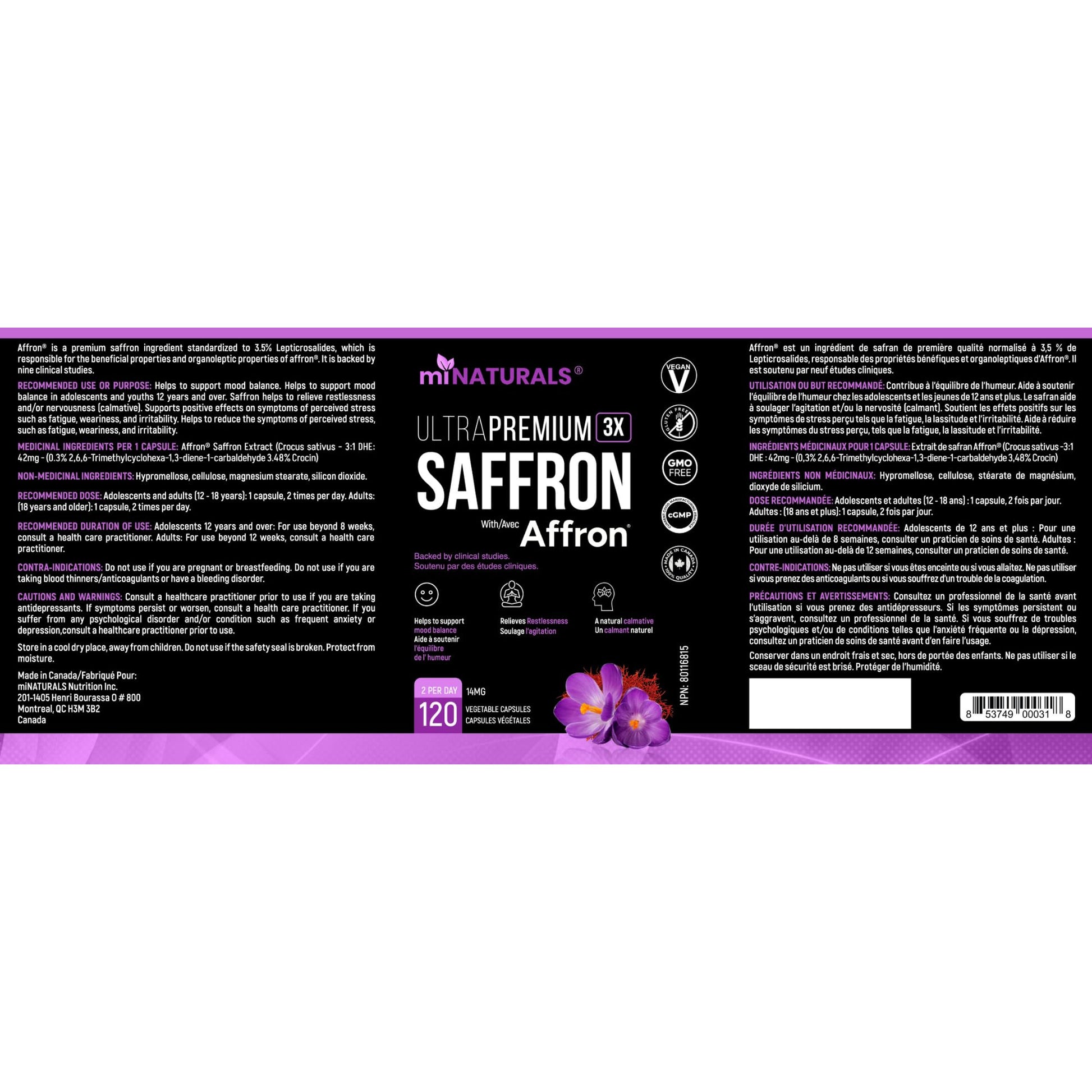 miNATURALS Saffron Supplements 120 Capsules | Clinically Studied Affron Saffron Extract | Stress & Mood Support for Men, Women & Teens | Pure Saffron Pills - Available at All In One Marketplace Canada