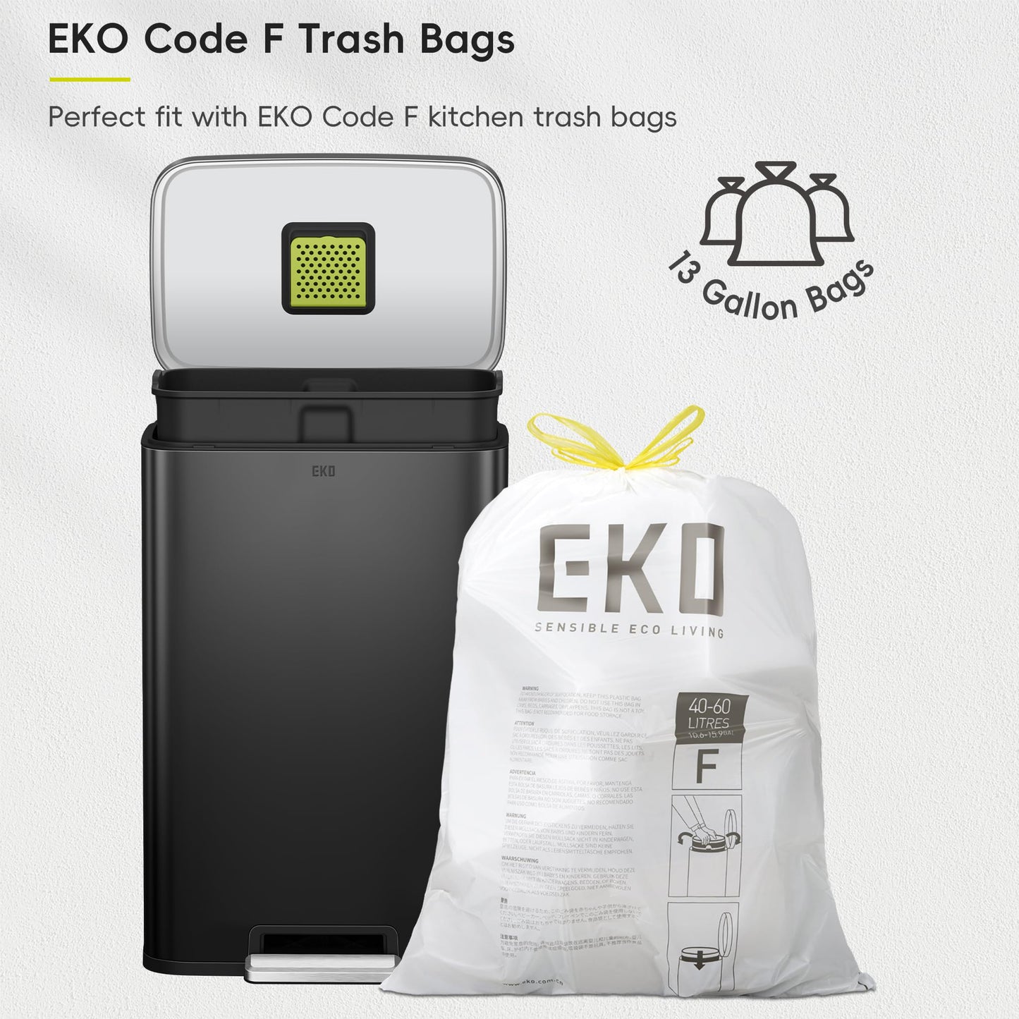 EKO Madison Matte Black 50 Liter/13.2 Gallon Step Trash Can with Inner Liner - Fingerprint Resistant Finish EKO