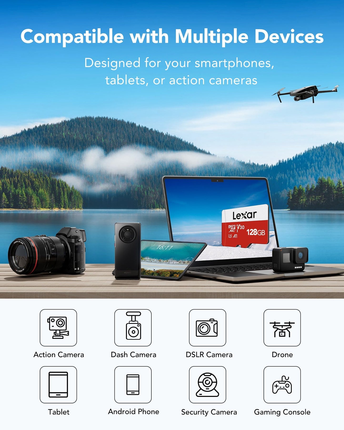 Lexar 128GB Micro SD Card, microSDXC UHS-I Flash Memory Card with Adapter - Up to 100MB/s, A1, U3, Class10, V30, High Speed TF Card - Available at All In One Marketplace Canada