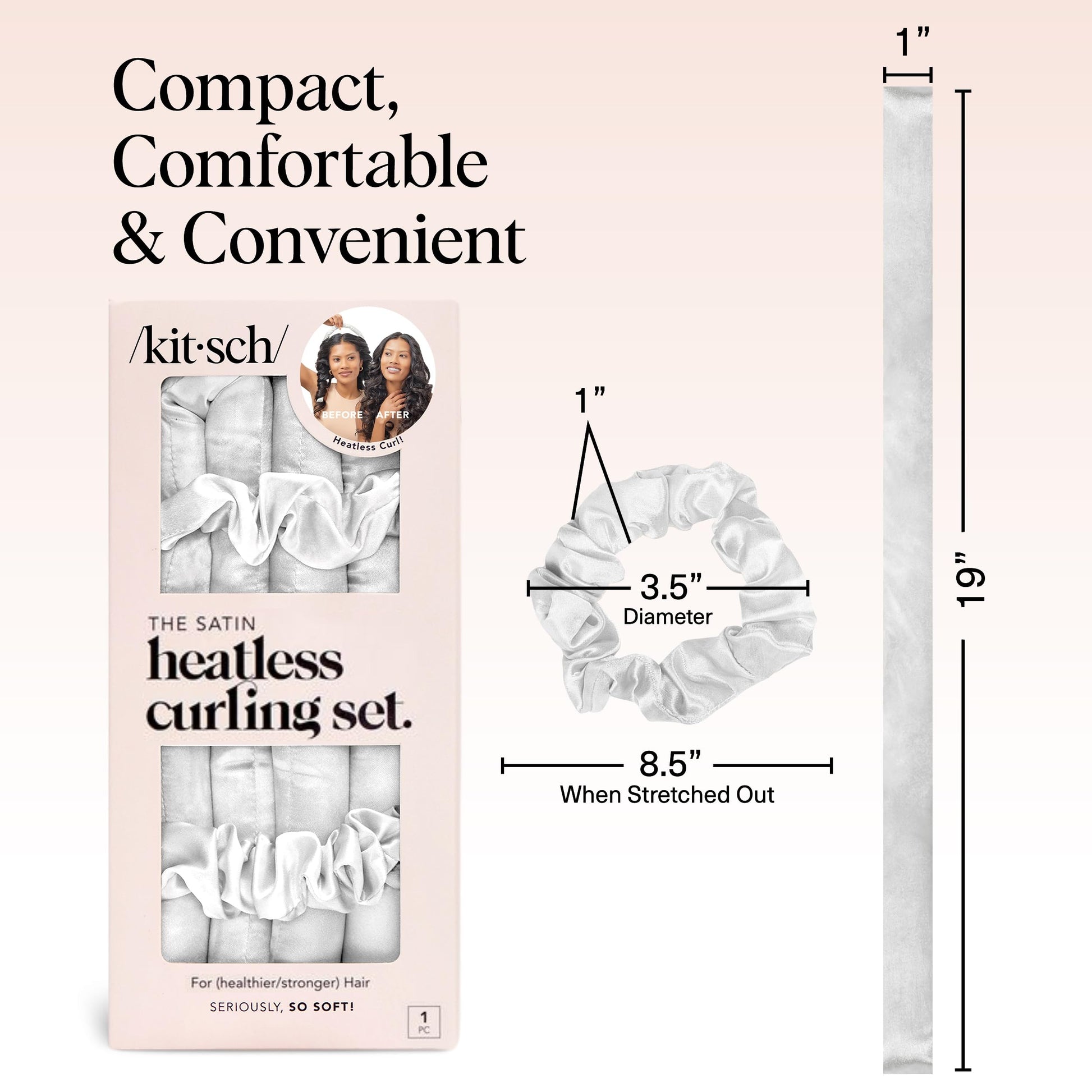 Kitsch Satin Heatless Curlers Set – Heatless Curls Overnight w/ 34" Hair Waver & 2 Satin Hair Scrunchies, Comfortable Hair Curlers to Sleep In for Frizz-Free, No Heat Damage Styling - Ivory
