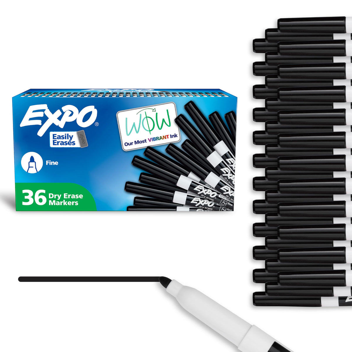 EXPO Dry Erase Markers, Low Odour Ink, Black, Fine Tip, 36 Count