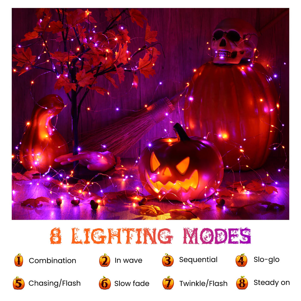 Lyhope Orange Purple Halloween Lights, 2 Pack 33ft 100 Led Battery Halloween Lights, Waterproof 8 Modes with Remote Copper Wire String Lights for Halloween Holiday Party Carnival Graveyard Decorations 🍁 All In One Marketplace Canada