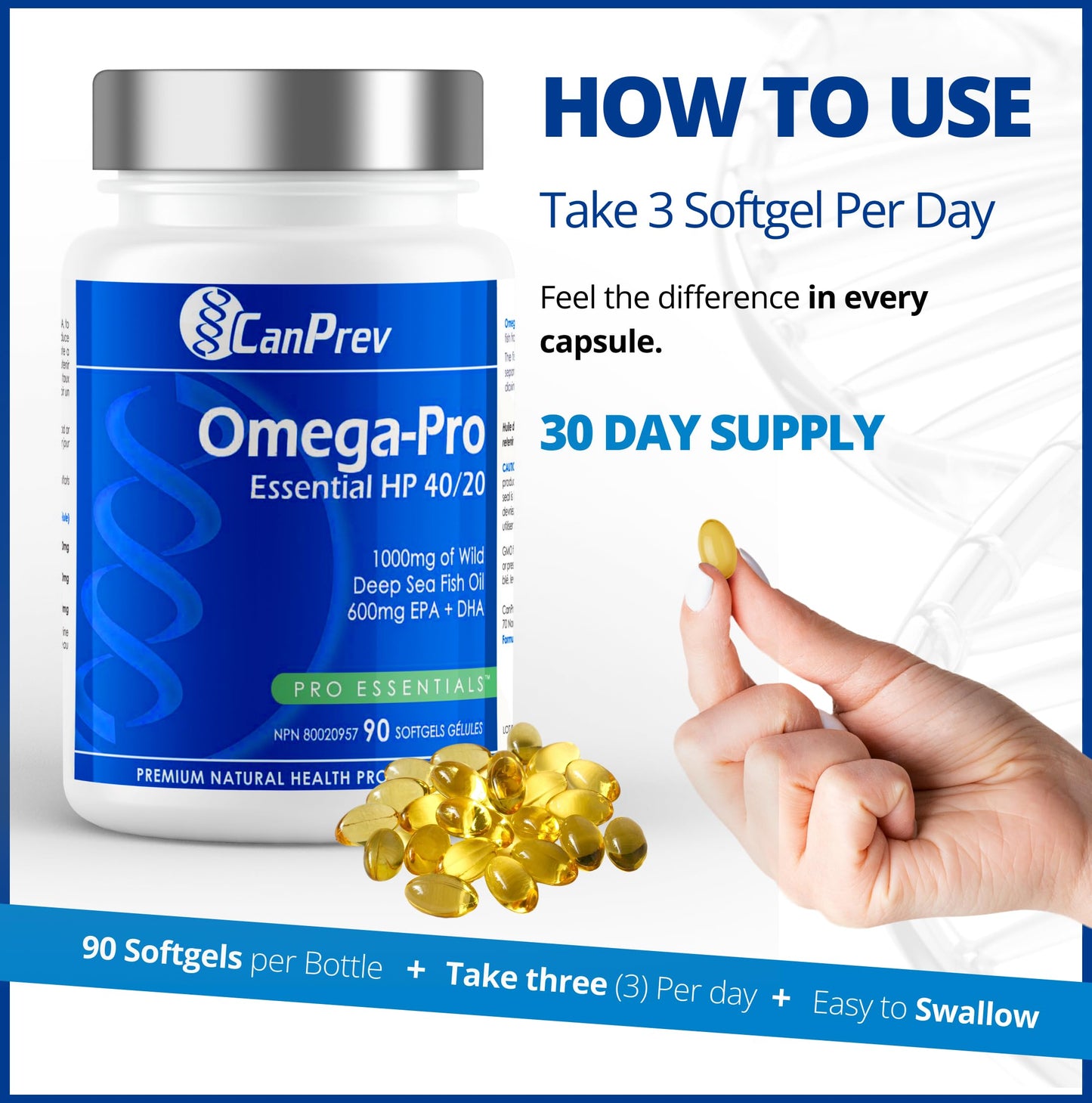 CanPrev Omega-Pro Essential HP 40/20, 90 Softgels 30-Day Supply - 1000mg Wild Deep-Sea Fish Oil, Omega-3 EPA & DHA Formula, Molecular Distilled with Vitamin E, Supports Heart, Brain, Joint, Eye & Skin - Available at All In One Marketplace Canada