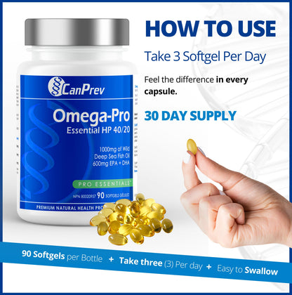 CanPrev Omega-Pro Essential HP 40/20, 90 Softgels 30-Day Supply - 1000mg Wild Deep-Sea Fish Oil, Omega-3 EPA & DHA Formula, Molecular Distilled with Vitamin E, Supports Heart, Brain, Joint, Eye & Skin - Available at All In One Marketplace Canada